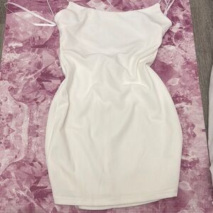 B Darlin White Sheath Cocktail Dress with Spaghetti Straps and Backless Design